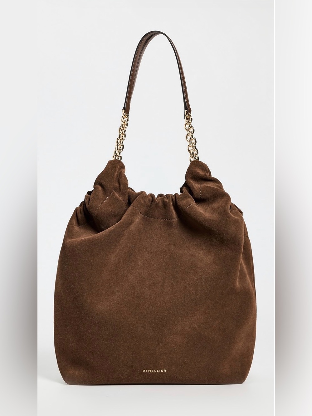 DeMellier Miami Chocolate Brown Suede Shoulder Bag with Gold Chain